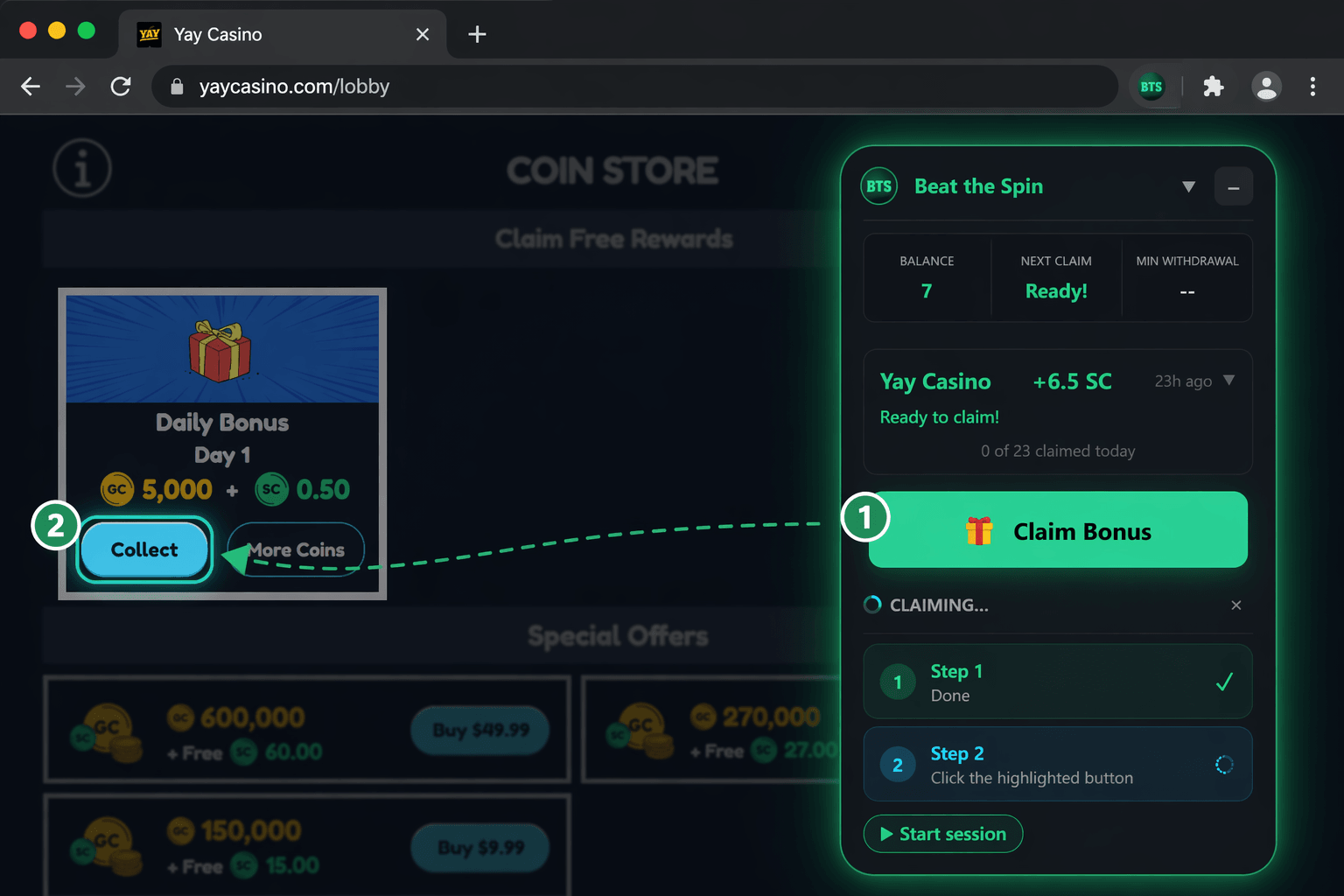 Beat the Spin extension sidebar guiding a user through a Claim Bonus flow — Step 1 done, Step 2 highlights the Collect button on a sweepstakes site