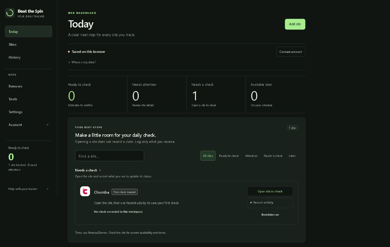 Beat the Spin web dashboard showing a local Chumba example with its logo and a First check needed status.