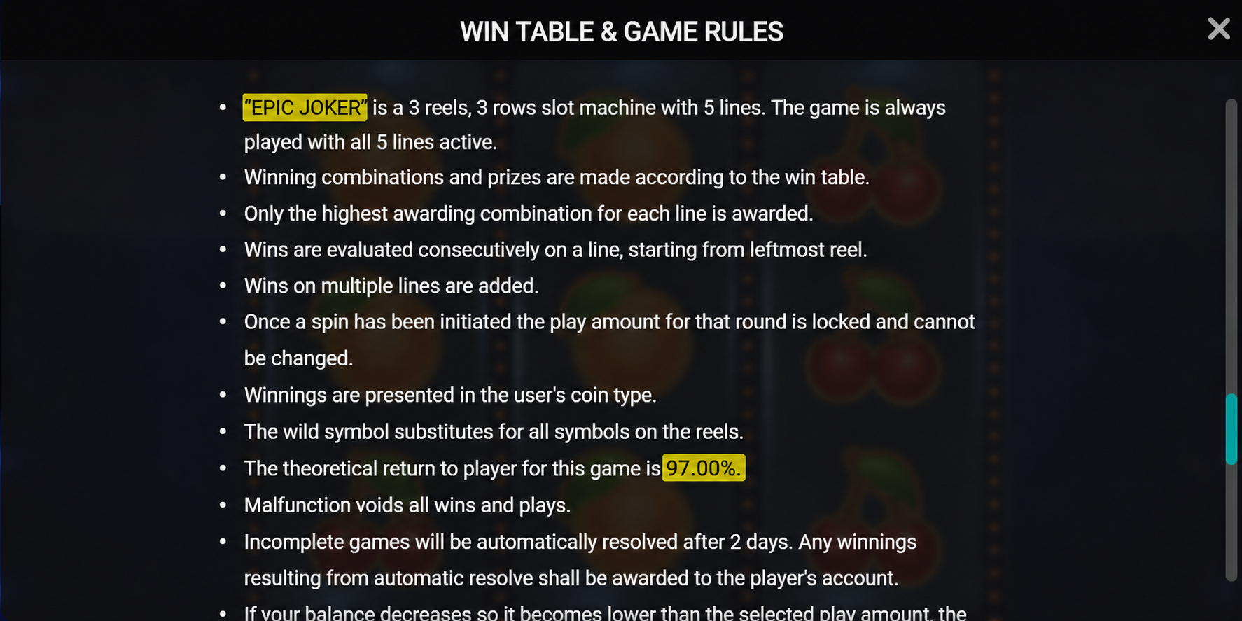 Epic Joker in-lobby info screen showing RTP 97.00%