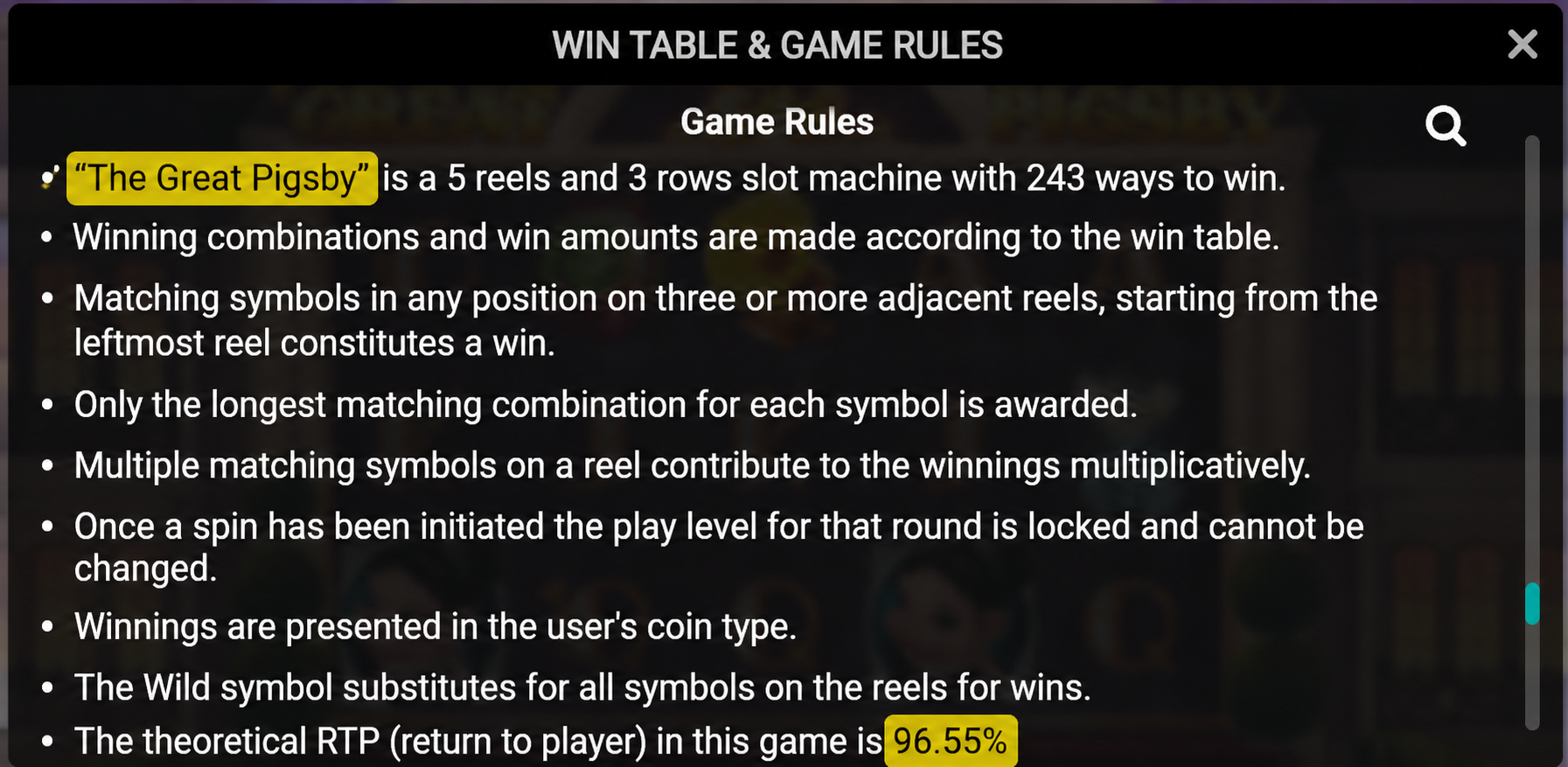 The Great Pigsby in-lobby info screen showing RTP 96.55%