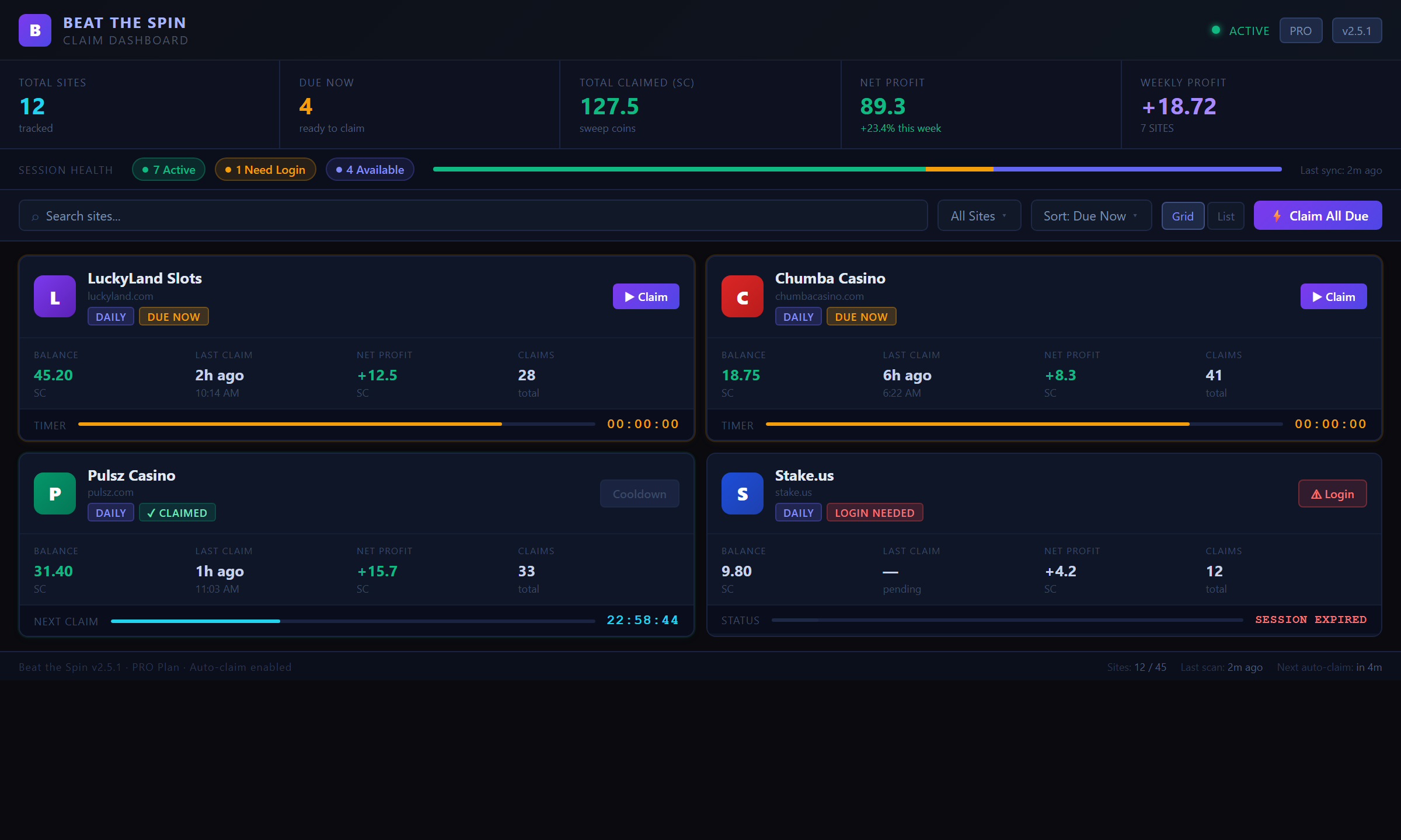 Beat the Spin dashboard showing bonus timers and claimable bonuses across multiple sweepstakes casino sites