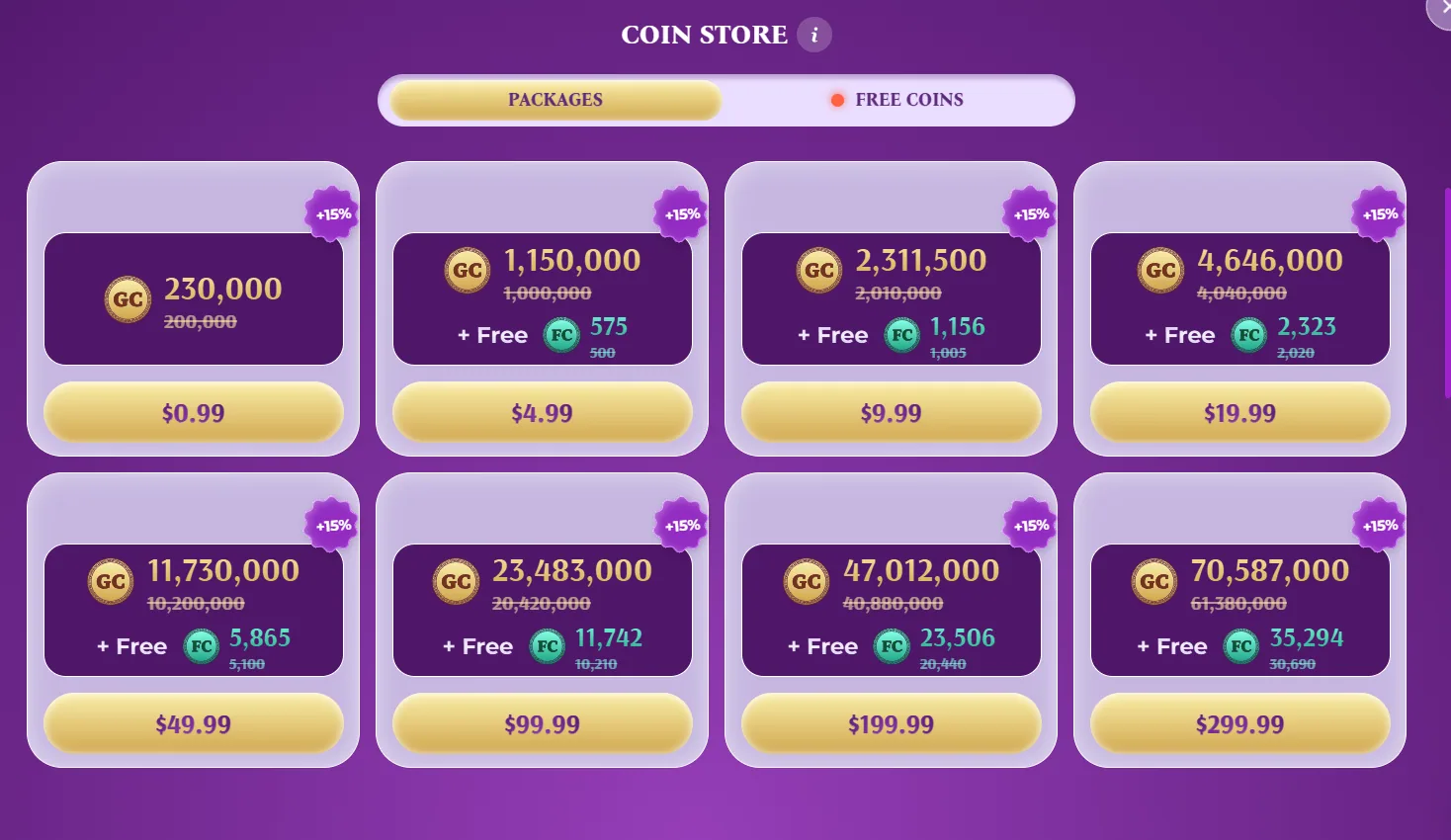 Fortune Wins purchase packages with FC-to-SC conversion