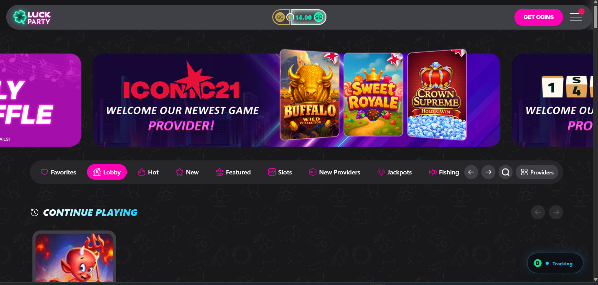 Luck Party homepage screenshot — Priority Play sister site