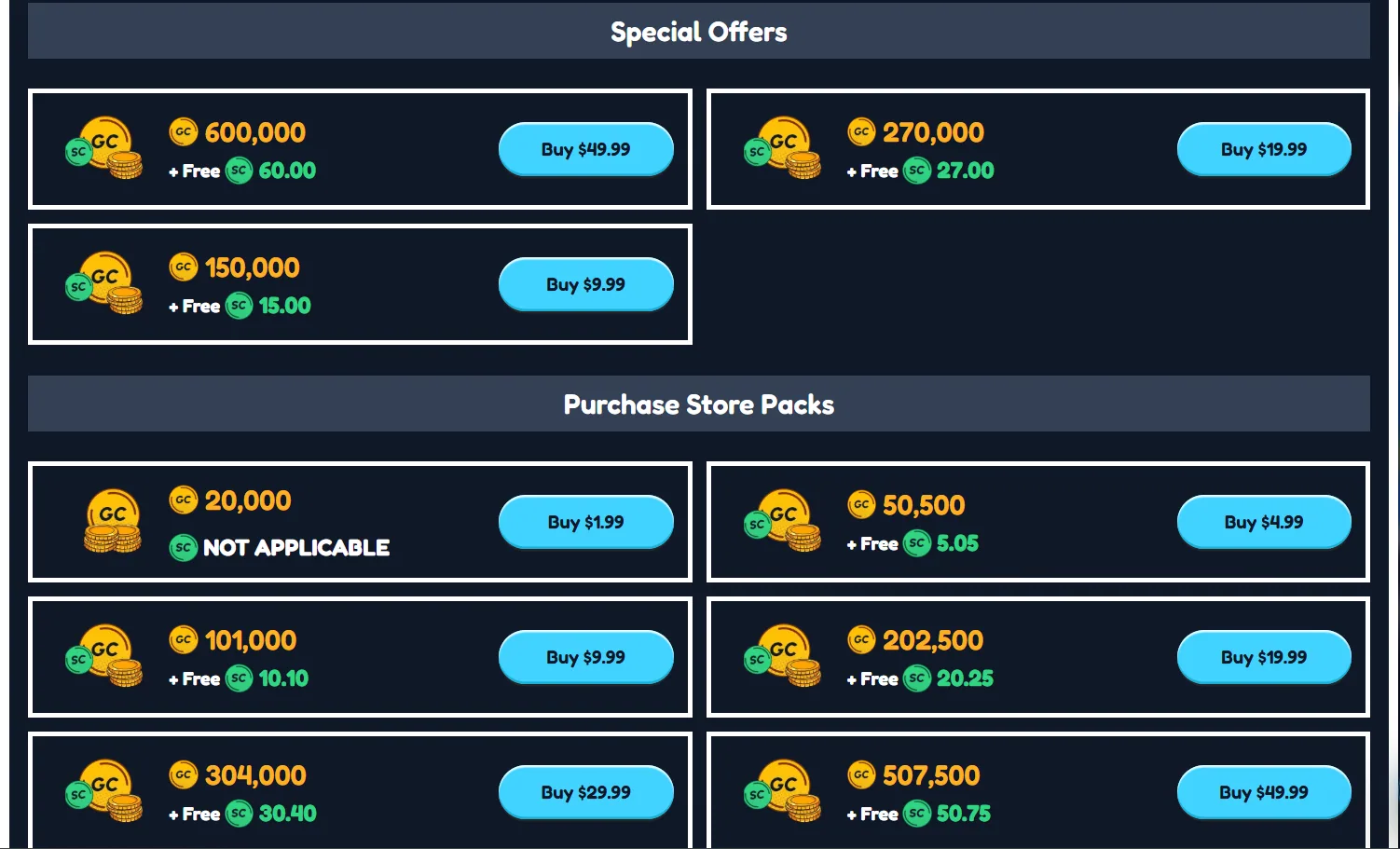 Yay Casino purchase package offers showing welcome bonus value